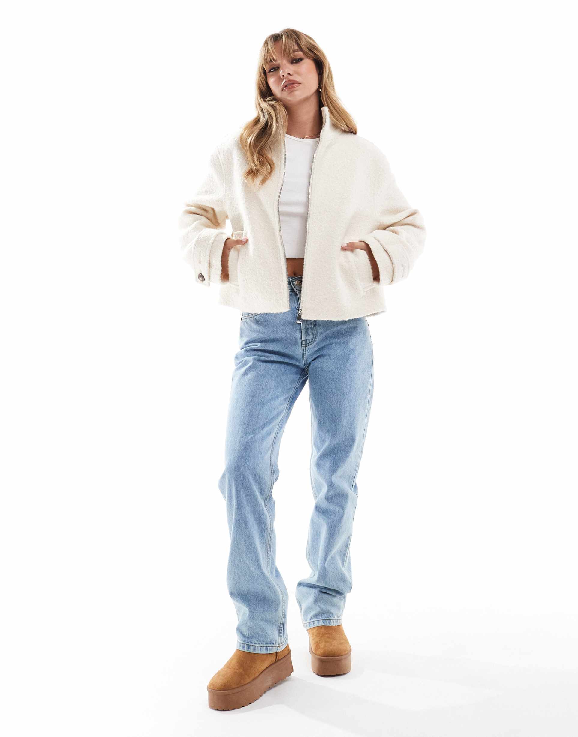 asos design funnel jacket in cream boucle