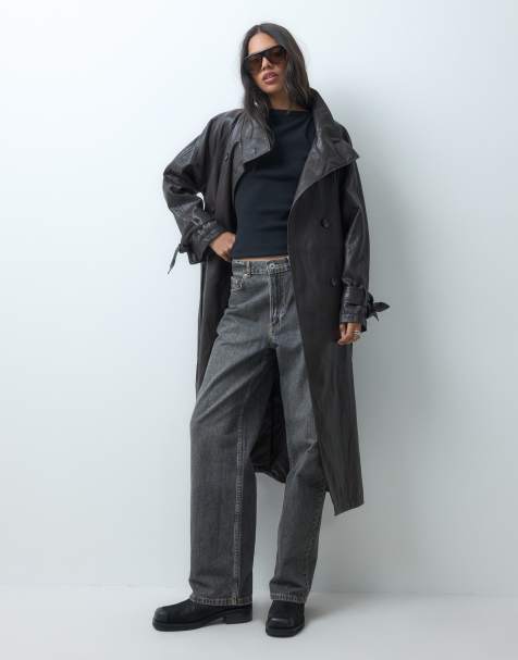 ASOS DESIGN funnel leather look longline trench coat in chocolate - view 1