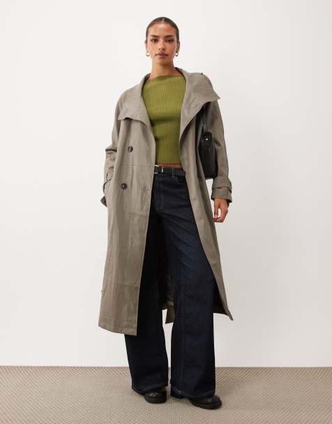 ASOS DESIGN funnel leather look longline trench coat in mushroom - view 1