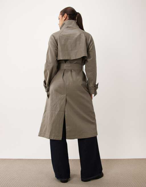 ASOS DESIGN funnel leather look longline trench coat in mushroom, 2 of 4
