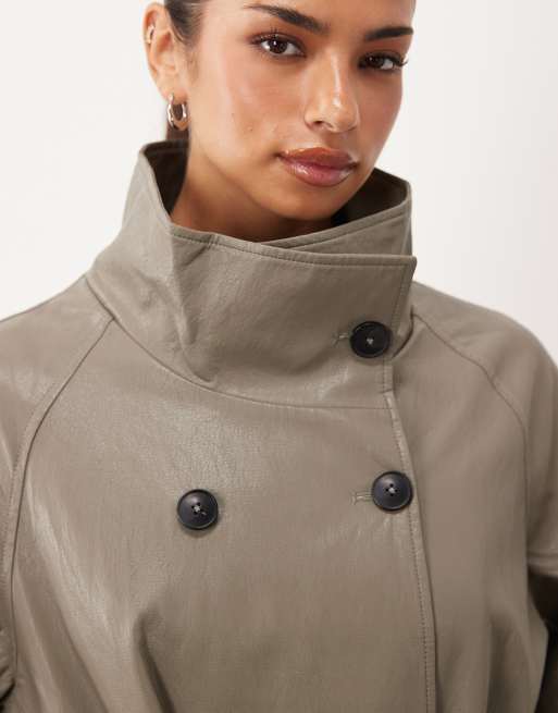 ASOS DESIGN funnel leather look longline trench coat in mushroom, 3 of 4