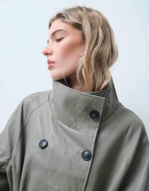 ASOS DESIGN funnel leather look longline trench coat in mushroom, 5 of 5