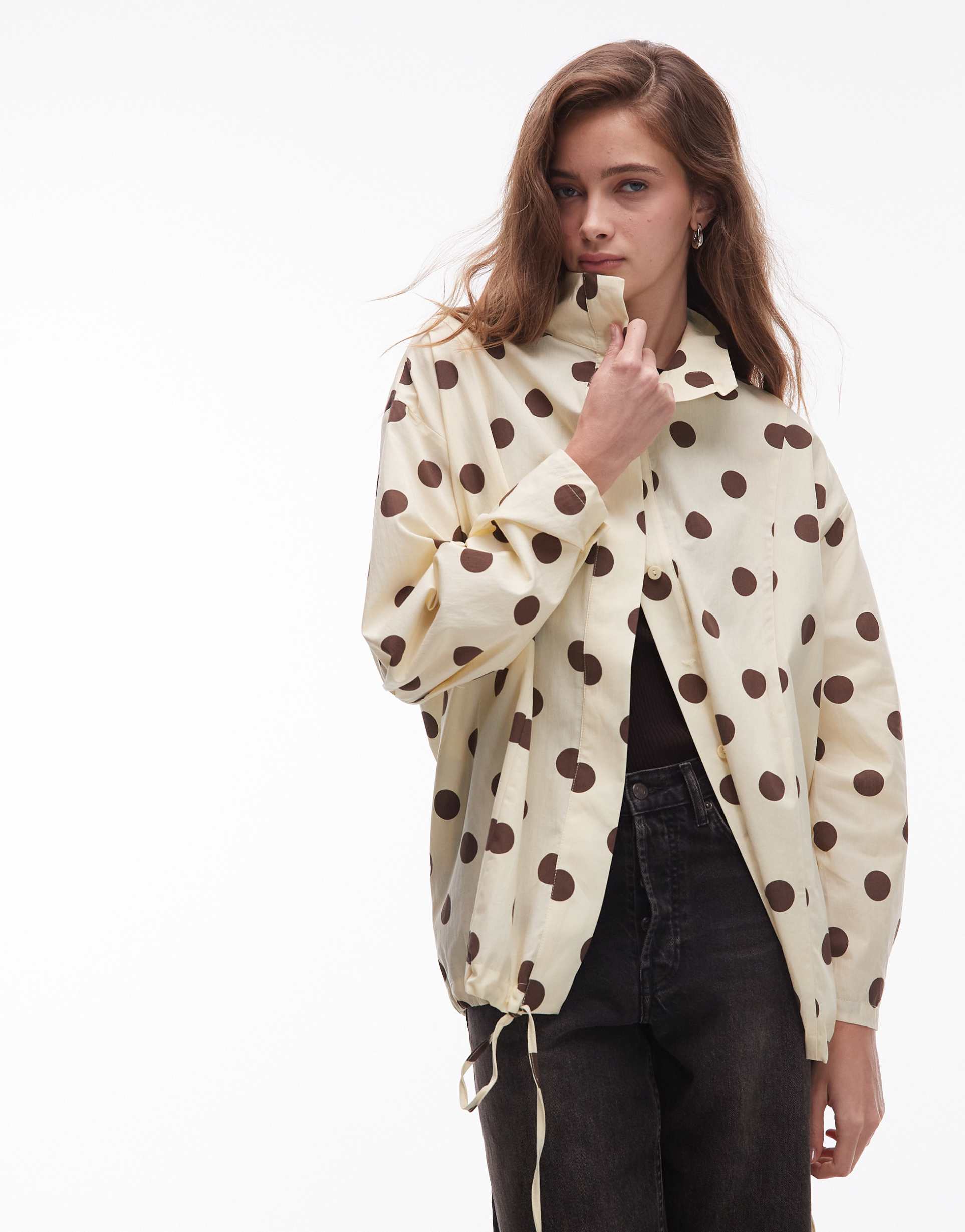 asos design funnel neck athletic shirt in buttermilk polka dots