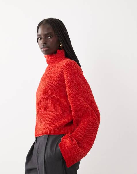 ASOS DESIGN funnel neck batwing chenille jumper in red - view 1