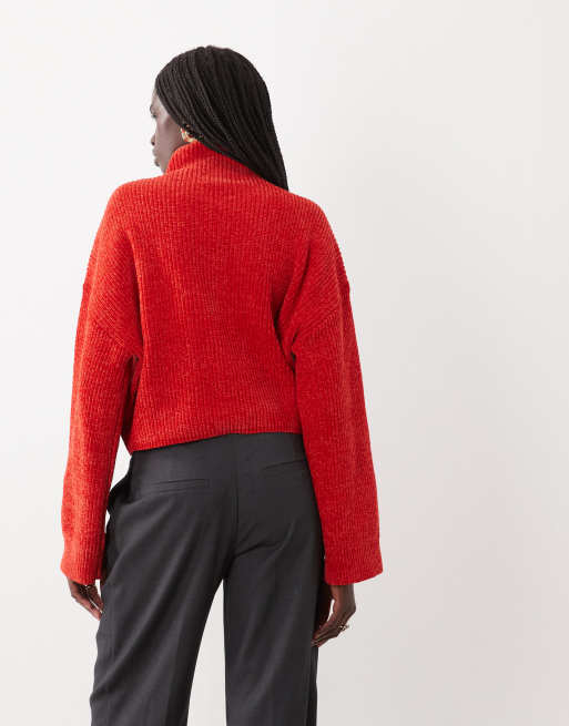 ASOS DESIGN funnel neck batwing chenille jumper in red, 4 of 4