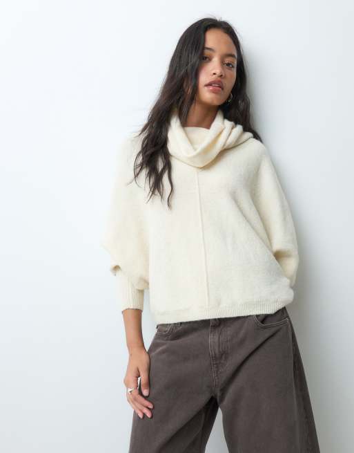 ASOS DESIGN funnel neck batwing jumper in cream, 2 of 5