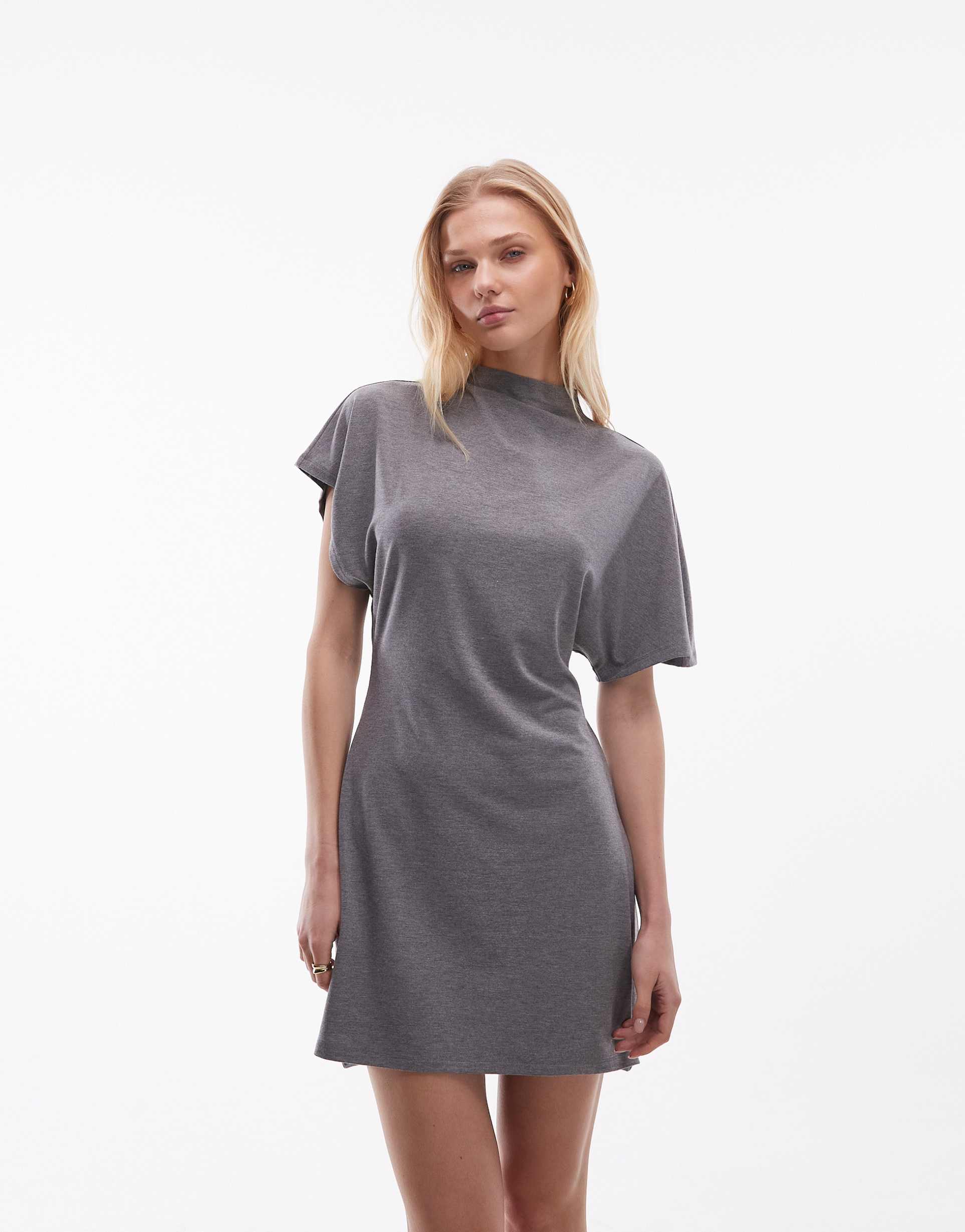 asos design funnel neck batwing sleeve mini dress in gray heather