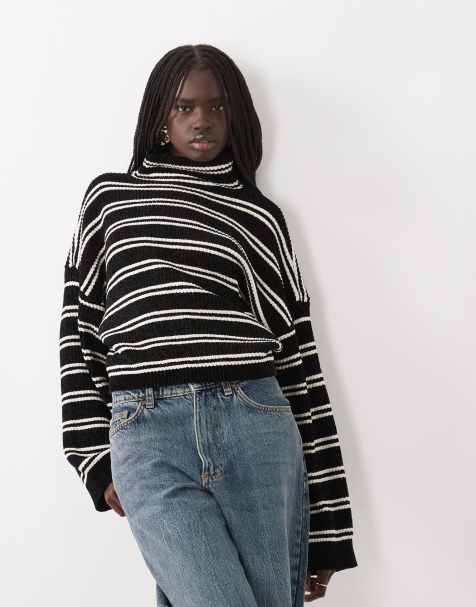 ASOS DESIGN funnel neck batwing stripe chenille jumper in black and white - view 1