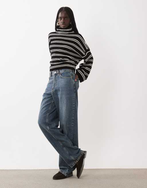 ASOS DESIGN funnel neck batwing stripe chenille sweater in black and white, 2 of 4
