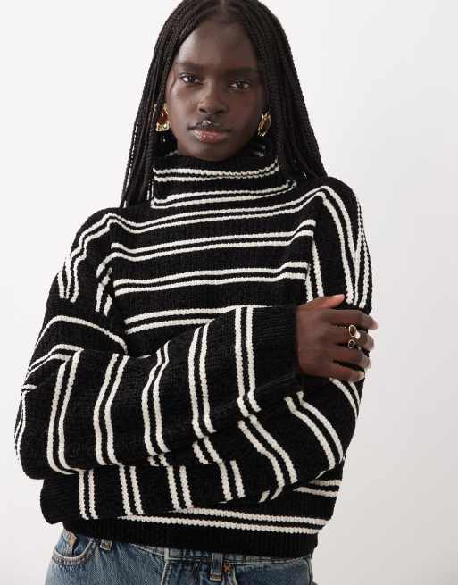 ASOS DESIGN funnel neck batwing stripe chenille sweater in black and white, 3 of 4