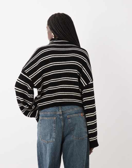 ASOS DESIGN funnel neck batwing stripe chenille sweater in black and white, 4 of 4