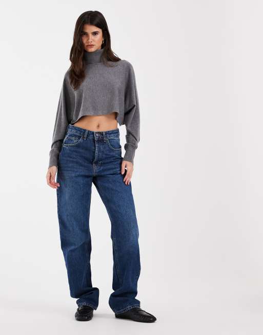 ASOS DESIGN funnel neck batwing super crop jumper in grey, 2 of 4