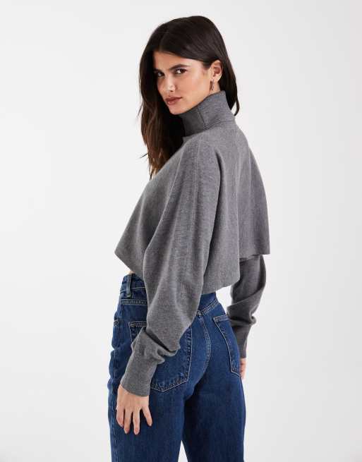 ASOS DESIGN funnel neck batwing super crop jumper in grey, 4 of 4