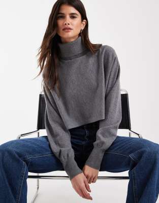 Asos Design Funnel Neck Batwing Super Crop Sweater In Gray