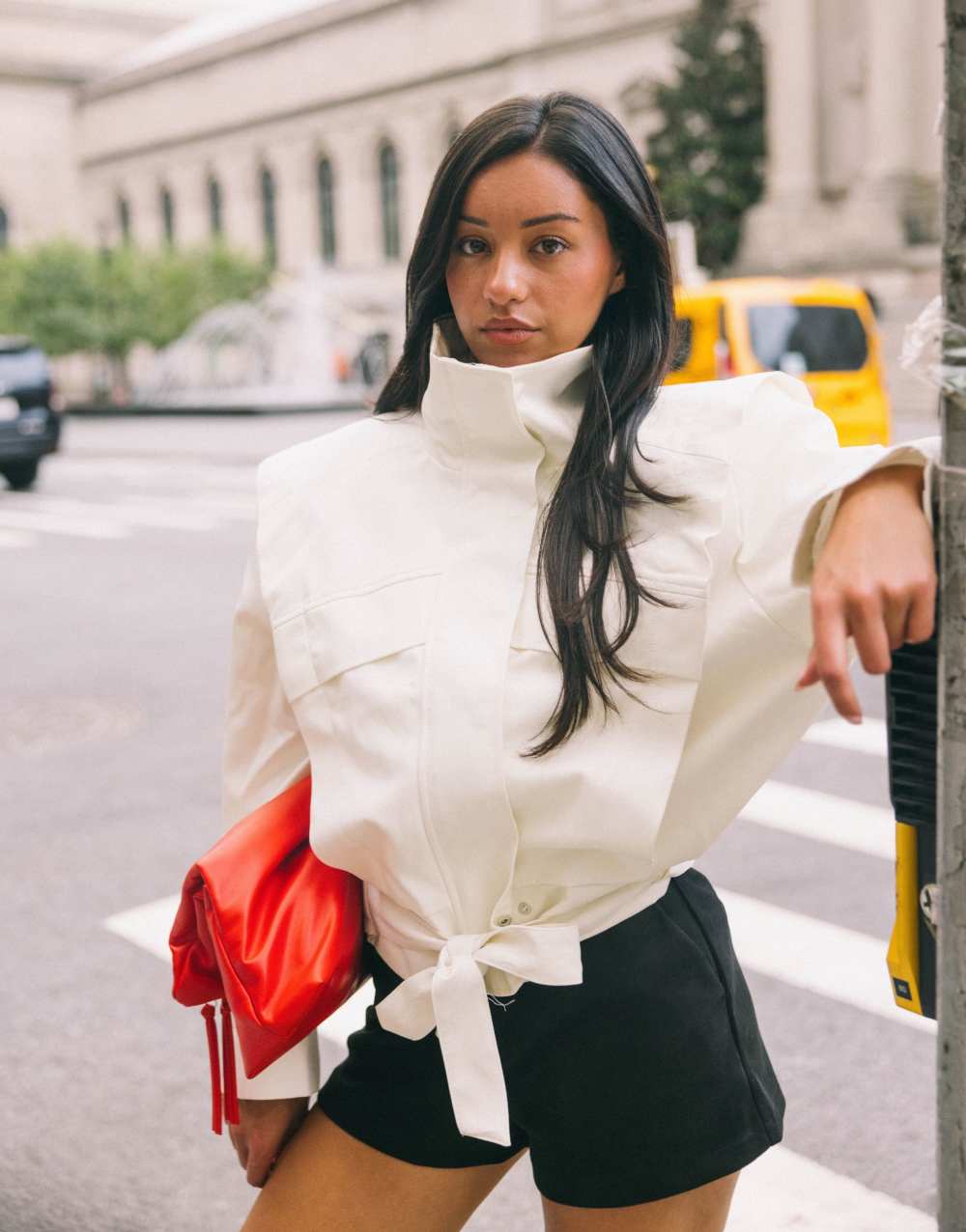 ASOS DESIGN funnel neck belted hem 80s sport jacket in cream
