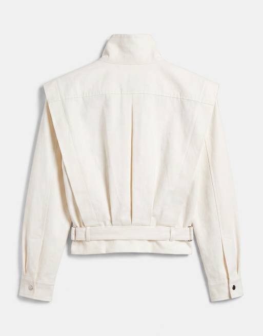 ASOS DESIGN funnel neck belted hem 80s sport jacket in cream, 8 of 14
