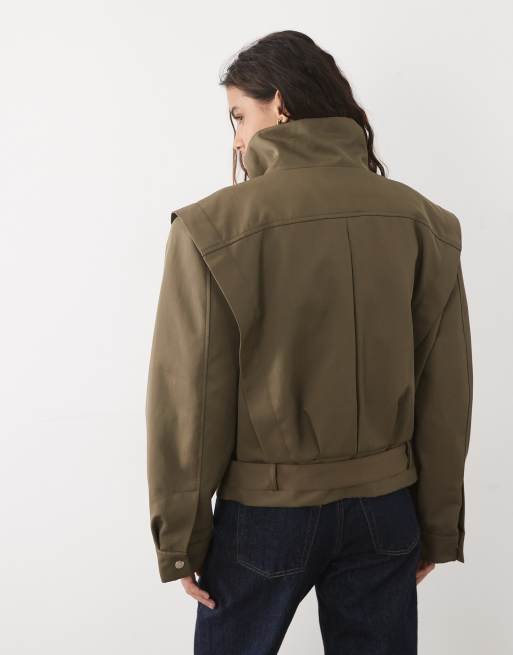 ASOS DESIGN funnel neck belted hem 80s sporty jacket in olive, 4 of 4