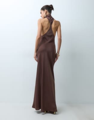Asos Design Funnel Neck Bias Cut Sleeveless Satin Maxi Dress In Brown