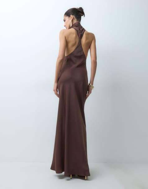 ASOS DESIGN funnel neck bias cut sleeveless satin maxi dress in brown - view 1
