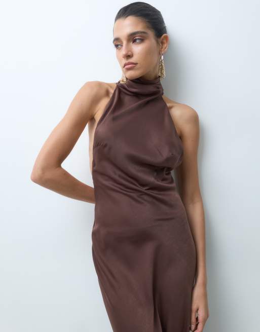 ASOS DESIGN funnel neck bias cut sleeveless satin maxi dress in brown, 2 of 5