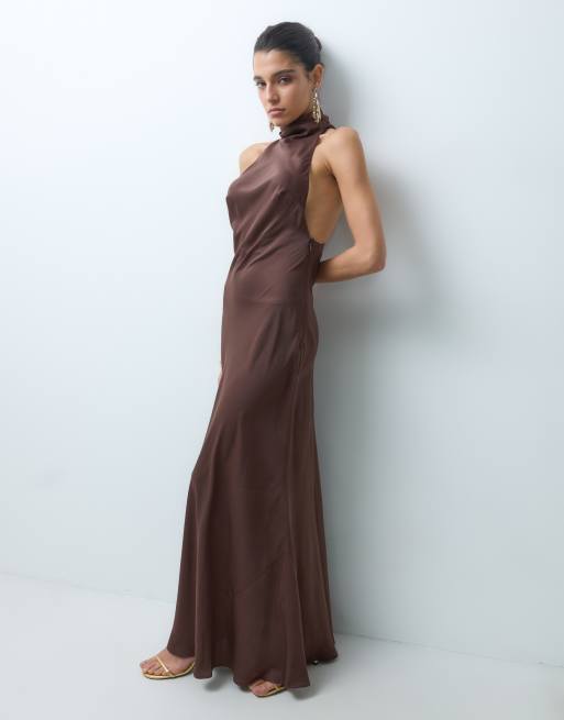 ASOS DESIGN funnel neck bias cut sleeveless satin maxi dress in brown, 3 of 5