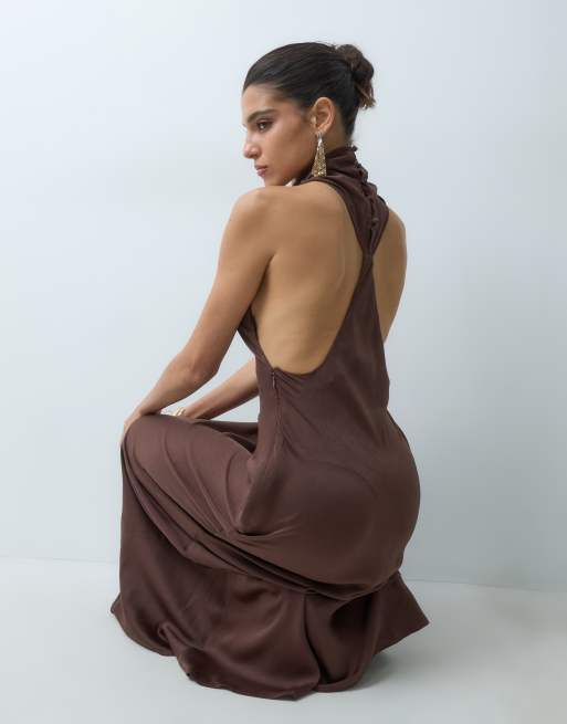 ASOS DESIGN funnel neck bias cut sleeveless satin maxi dress in brown, 4 of 5