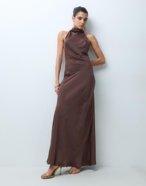 ASOS DESIGN funnel neck bias cut sleeveless satin maxi dress in brown, 5 of 5