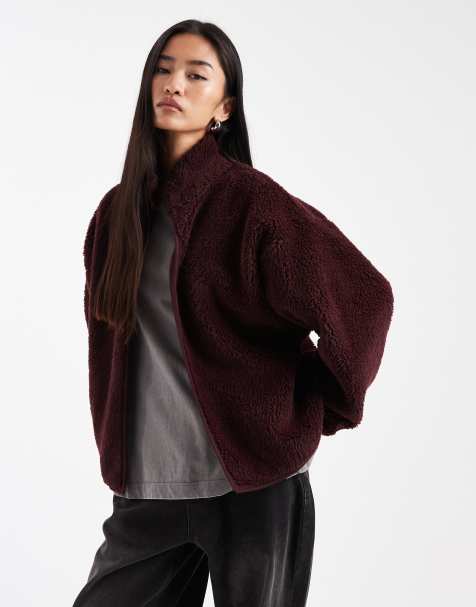 ASOS DESIGN funnel neck borg fleece in burgundy - view 1