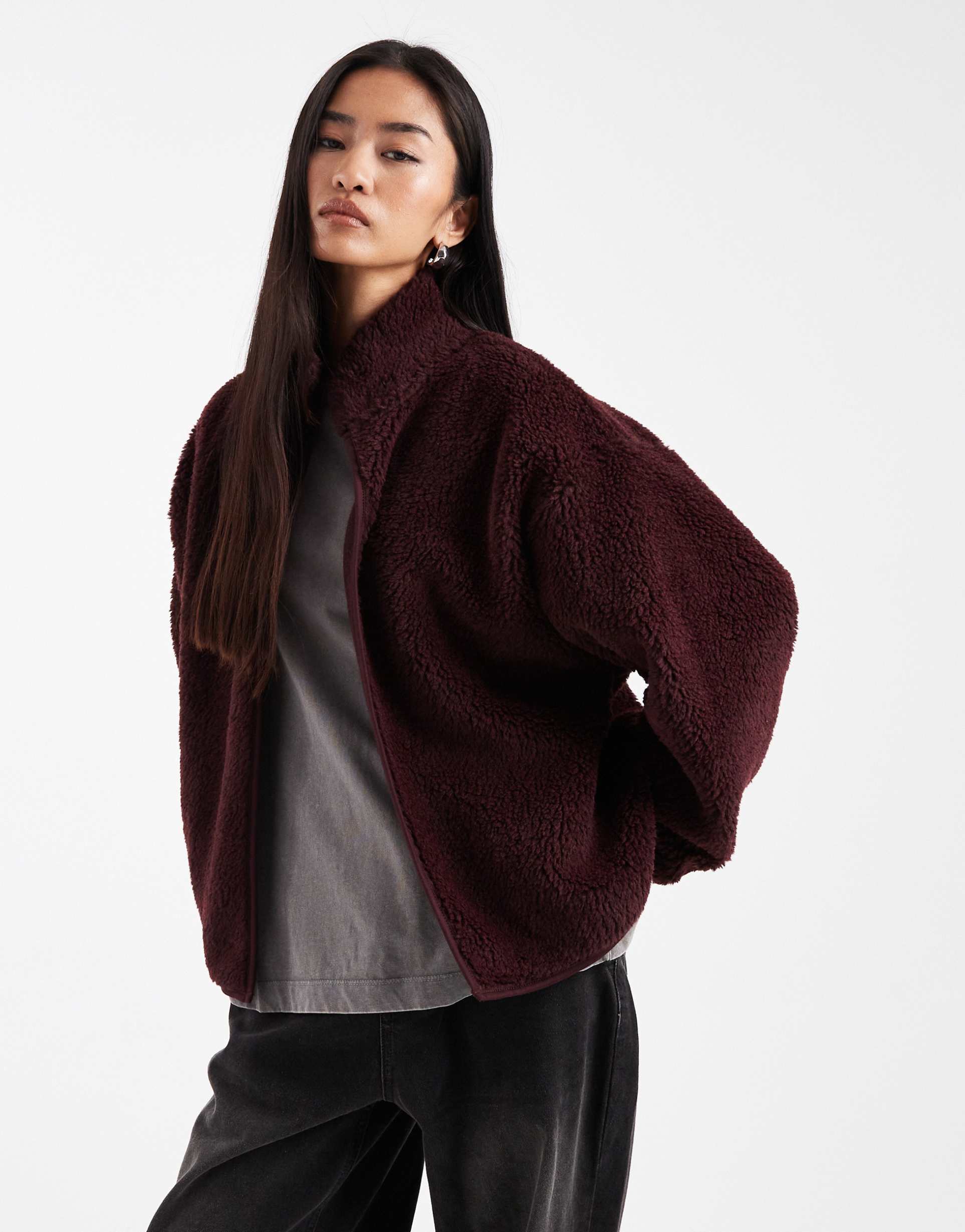 asos design funnel neck borg fleece in burgundy