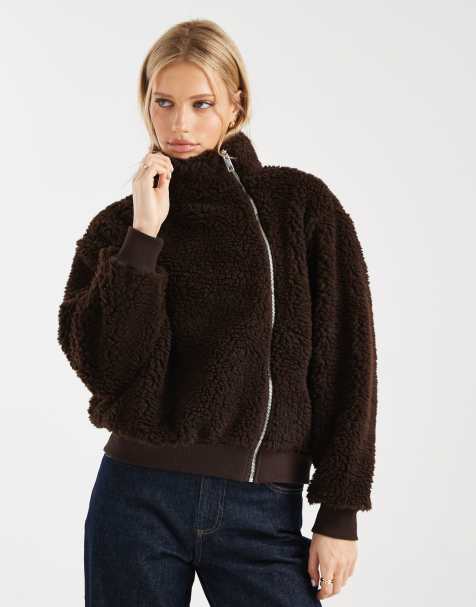 ASOS DESIGN funnel neck borg jacket in chocolate