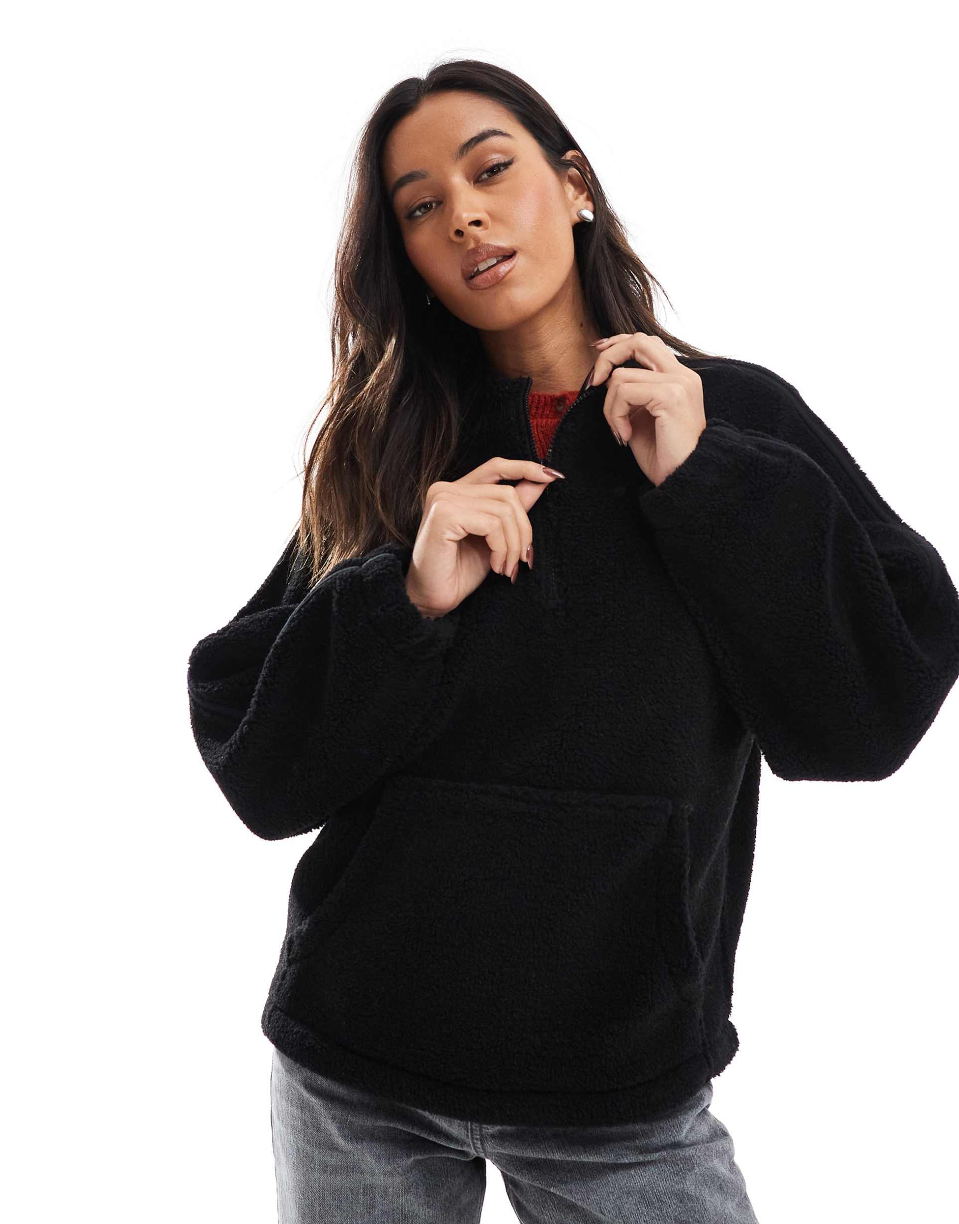 asos design funnel neck borg sweatshirt with seam details in black