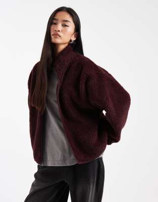 Asos Design Funnel Neck Borg Zip Up Fleece In Brown