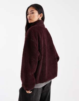 Asos Design Funnel Neck Borg Zip Up Fleece In Brown