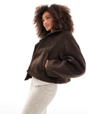 funnel neck boucle bomber jacket in chocolate-Brown