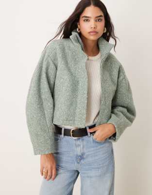 funnel neck boucle bomber jacket in sage-No color