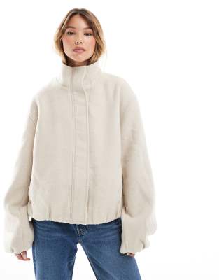 Asos Design Funnel Neck Brushed Formal Bomber Jacket In Stone-black