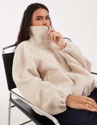 Asos Design Funnel Neck Bubble Hem Jacket With Wool In Neutral