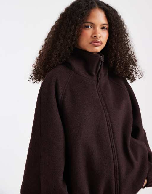 ASOS DESIGN funnel neck bubble hem jacket with wool in plum, 3 of 4