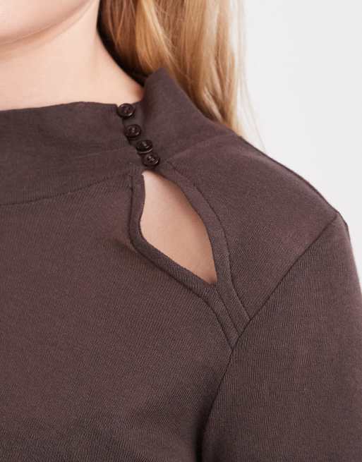ASOS DESIGN funnel neck button detail long sleeve in chocolate brown, 2 of 4