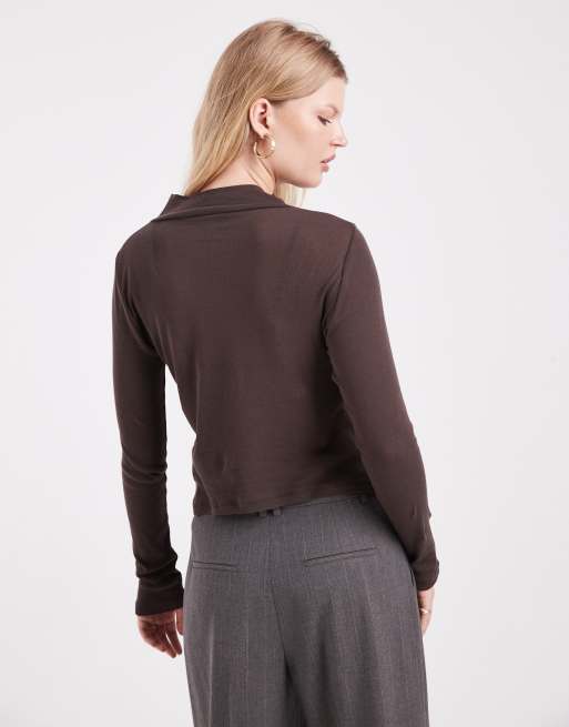 ASOS DESIGN funnel neck button detail long sleeve in chocolate brown, 3 of 4