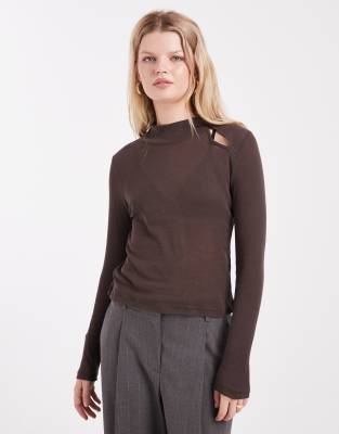 Asos Design Funnel Neck Button Detail Long Sleeve Top In Brown