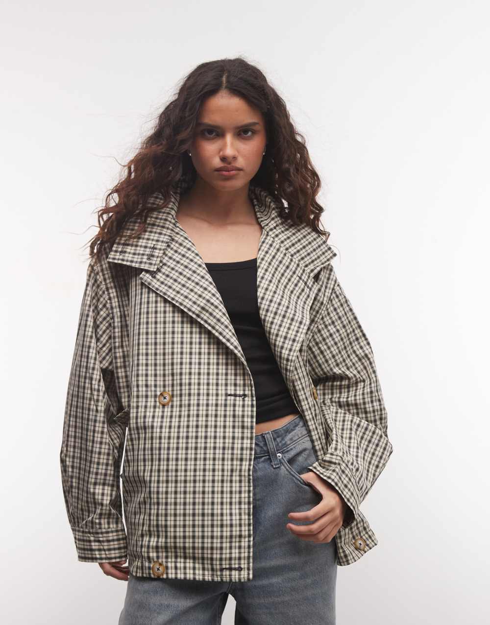 ASOS DESIGN funnel neck button front trench jacket in stone check