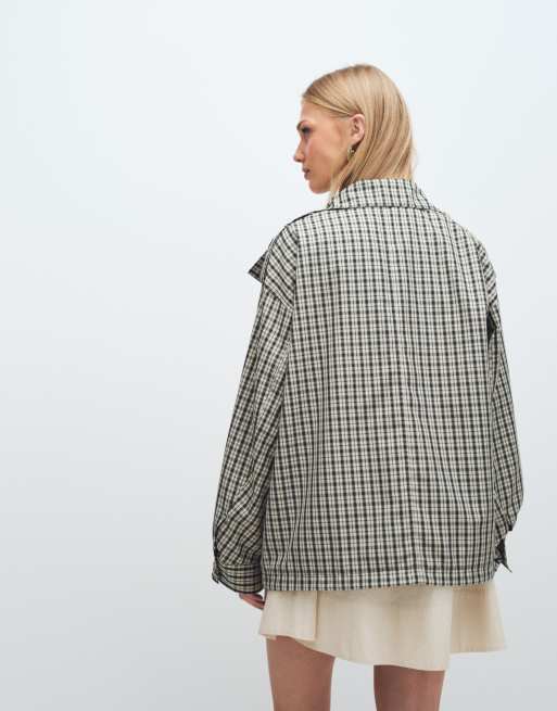 ASOS DESIGN funnel neck button front trench jacket in stone check, 4 of 11