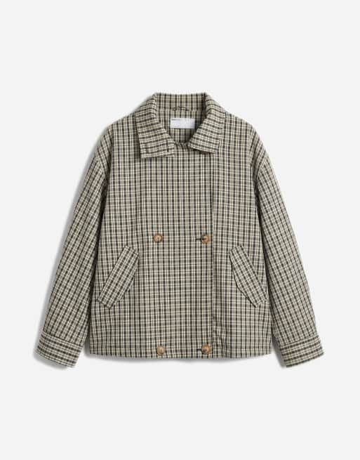 ASOS DESIGN funnel neck button front trench jacket in stone check, 5 of 11