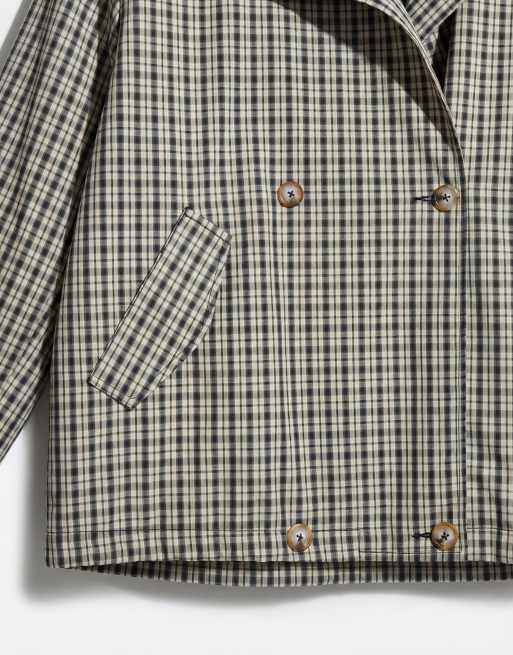 ASOS DESIGN funnel neck button front trench jacket in stone check, 7 of 11