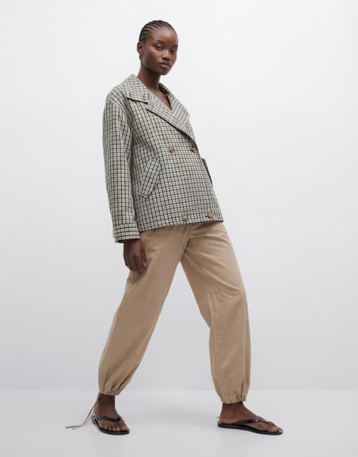 ASOS DESIGN funnel neck button front trench jacket in stone check, 8 of 11