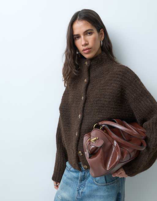 ASOS DESIGN funnel neck button through cardigan in chocolate, 3 of 5