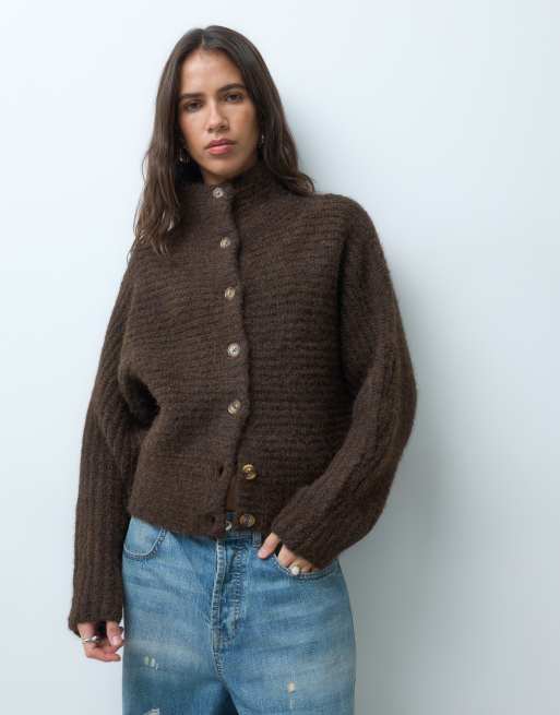 ASOS DESIGN funnel neck button through cardigan in chocolate, 4 of 5