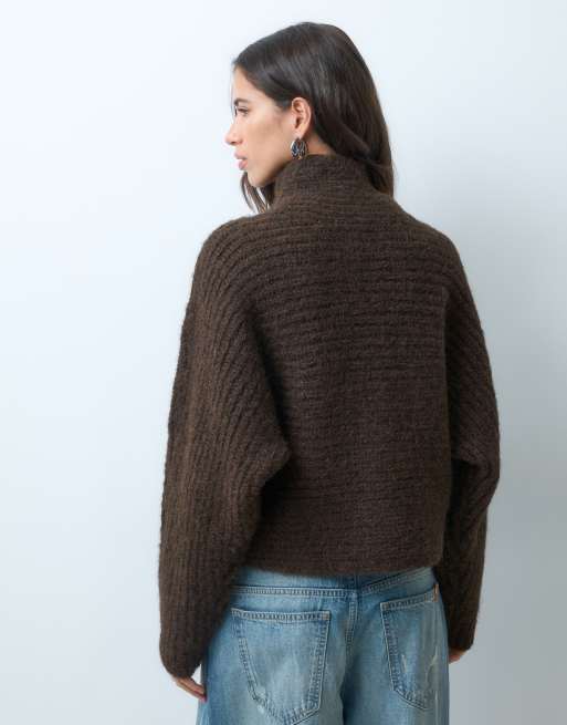ASOS DESIGN funnel neck button through cardigan in chocolate, 5 of 5