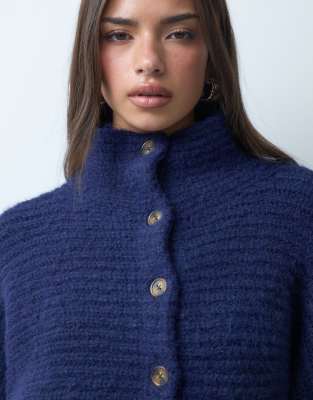 Asos Design Funnel Neck Button Through Cardigan In Blue